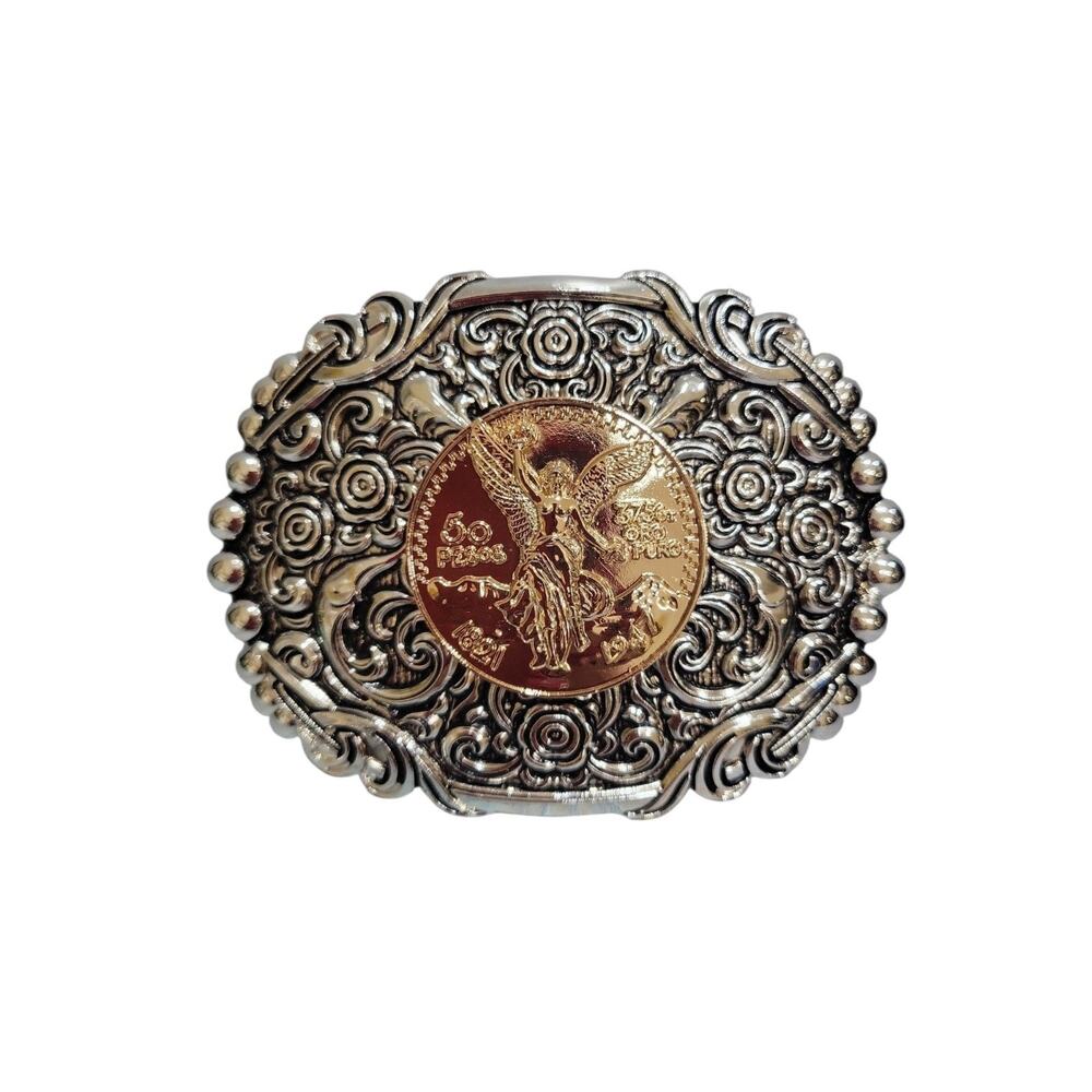 Centenario Cowboy Belt Buckle Western Hebilla Silver RoseGold Faux Mexican Peso